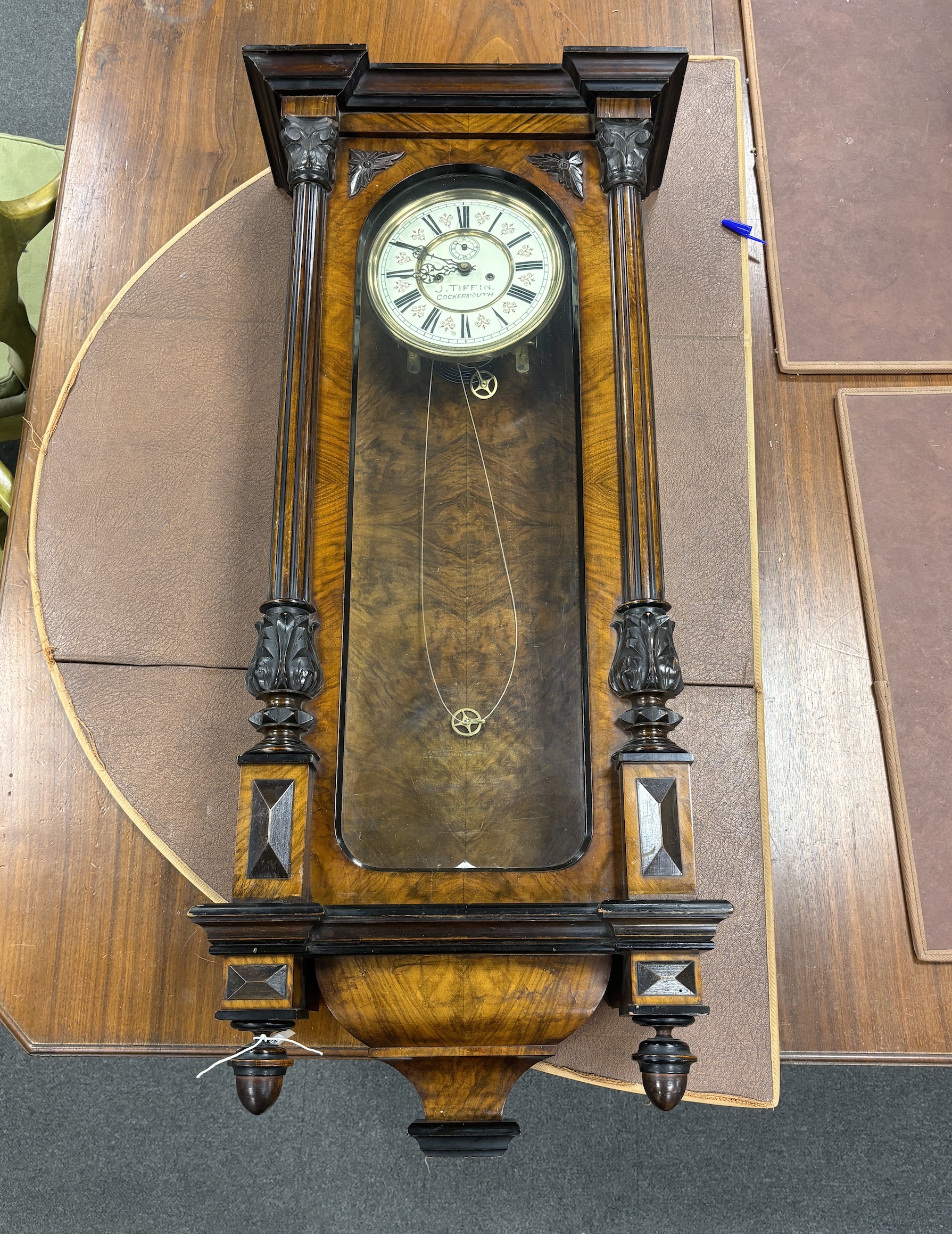 A late 19th century walnut Vienna wall clock, height 102cm